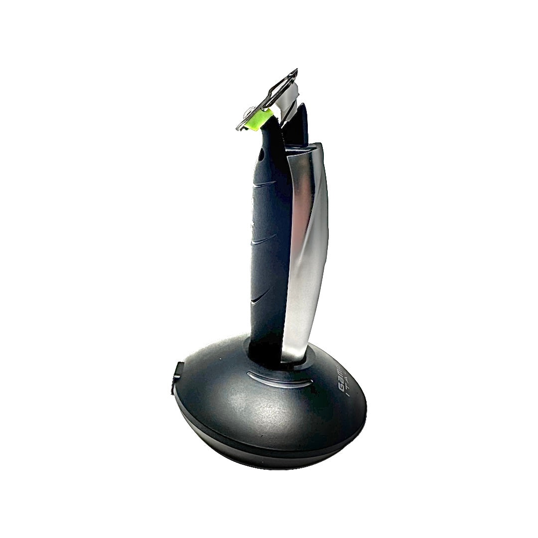 Philthy Blendz Gamma Hitter/Rebel 2.0 to Andis GTX Cam – modified black trimmer side view on stand