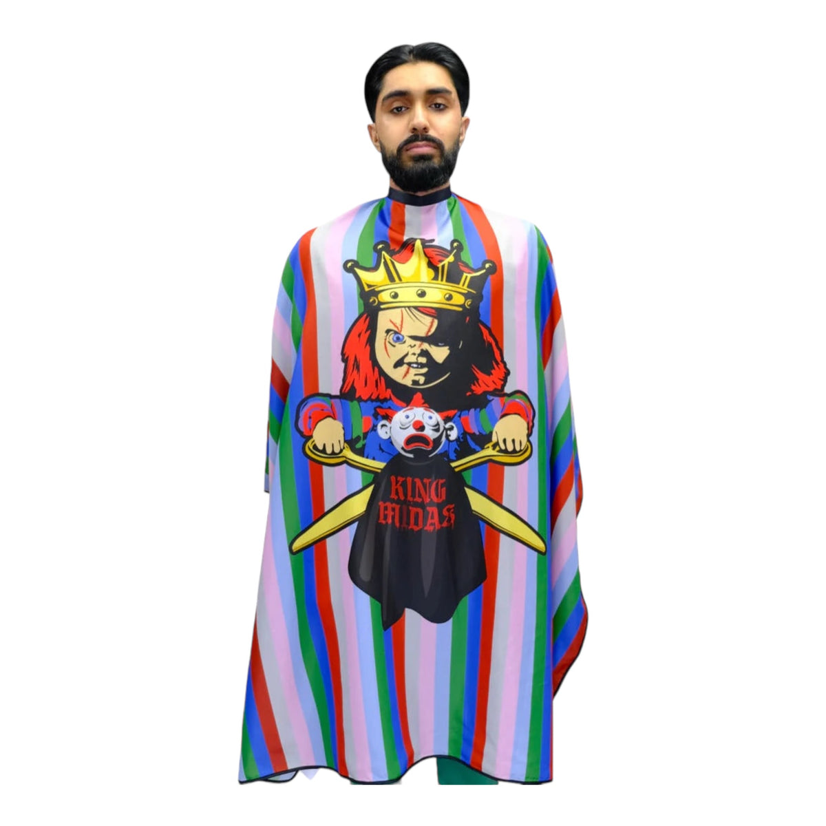 King Midas Lil Chucky’s Revenge barber cape shown on a model