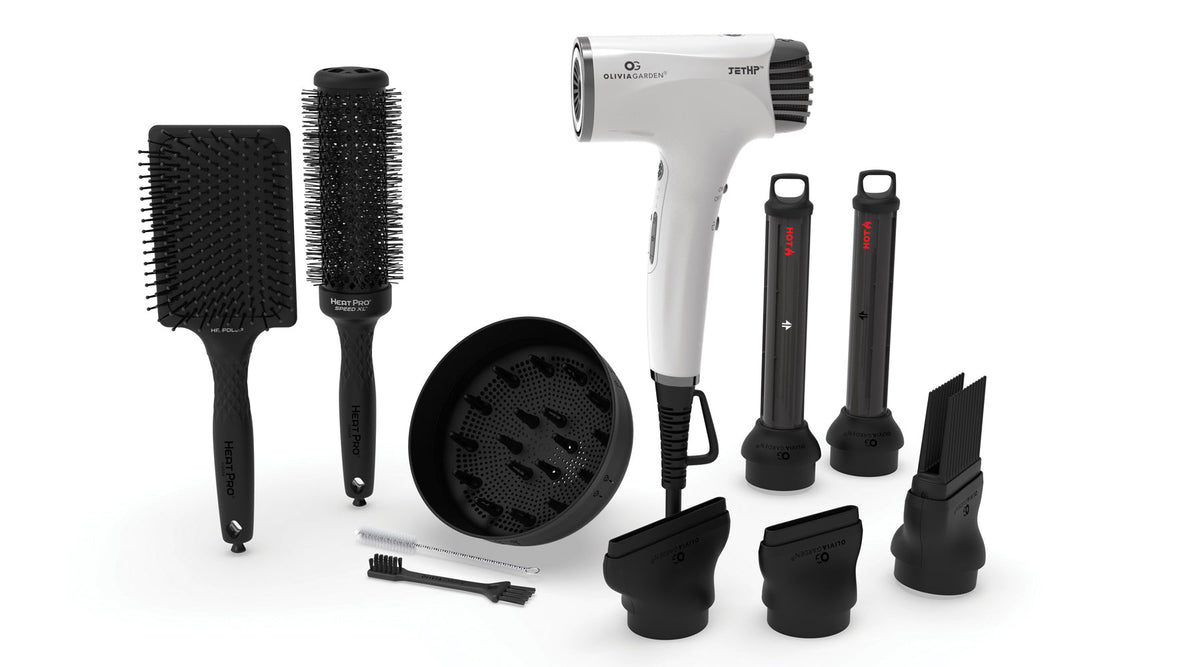 Olivia Garden JetHP compact hair dryer with included styling attachments