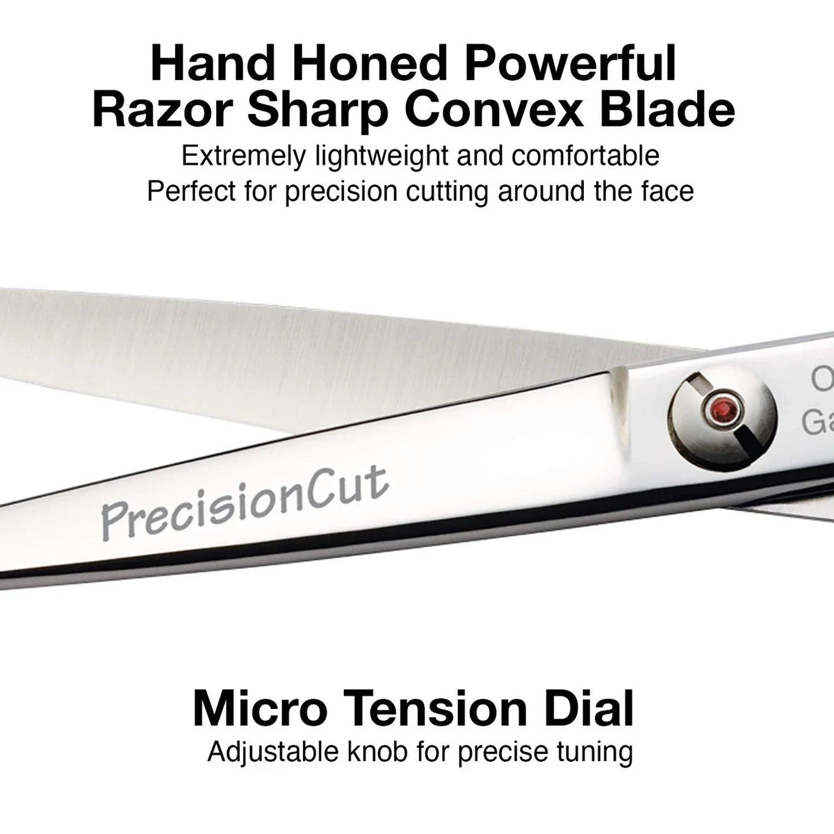 Olivia Garden PrecisionCut 6.5 inch shear convex blade and micro tension dial detail