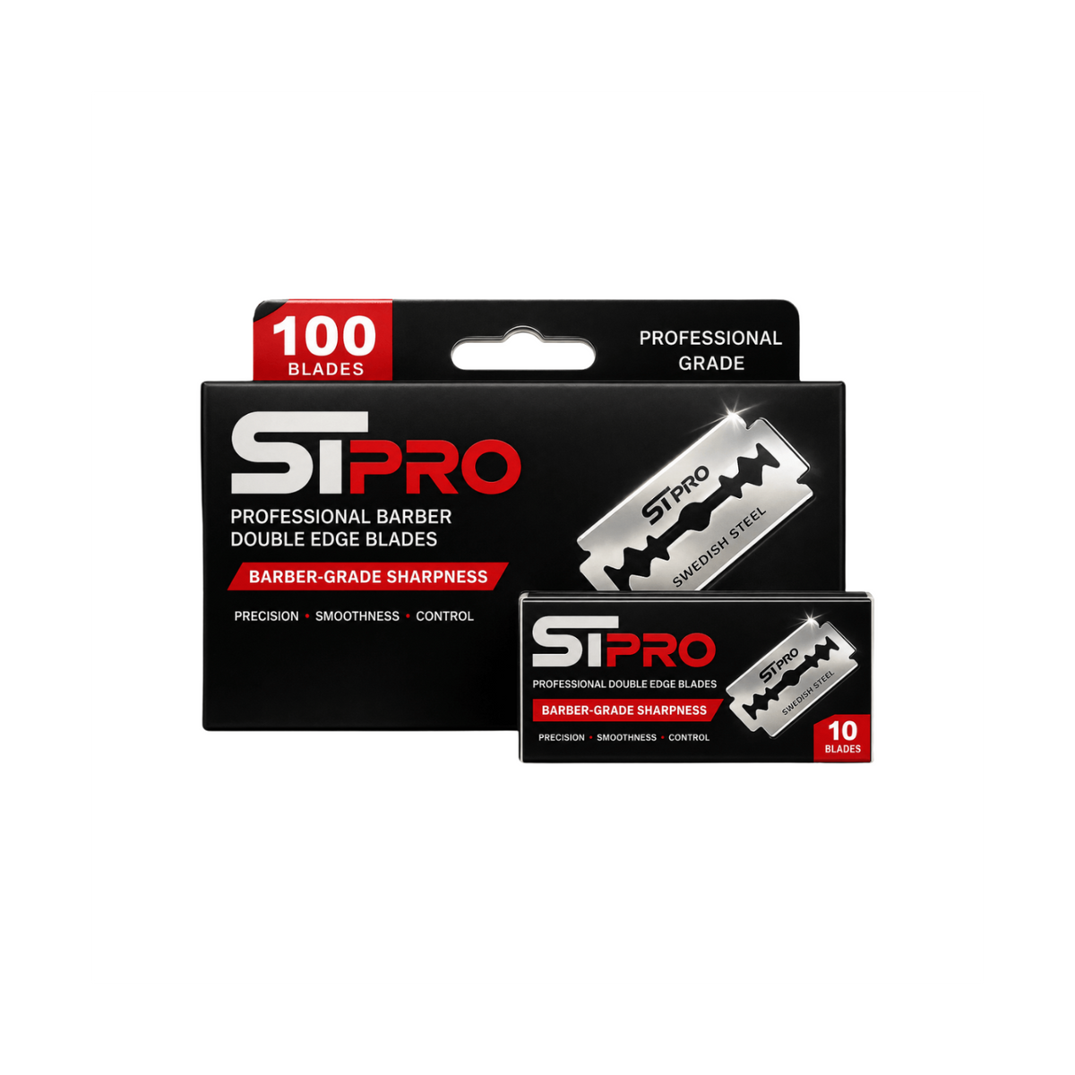 STPRO double edge razor blades 100-pack box and wrapped blades