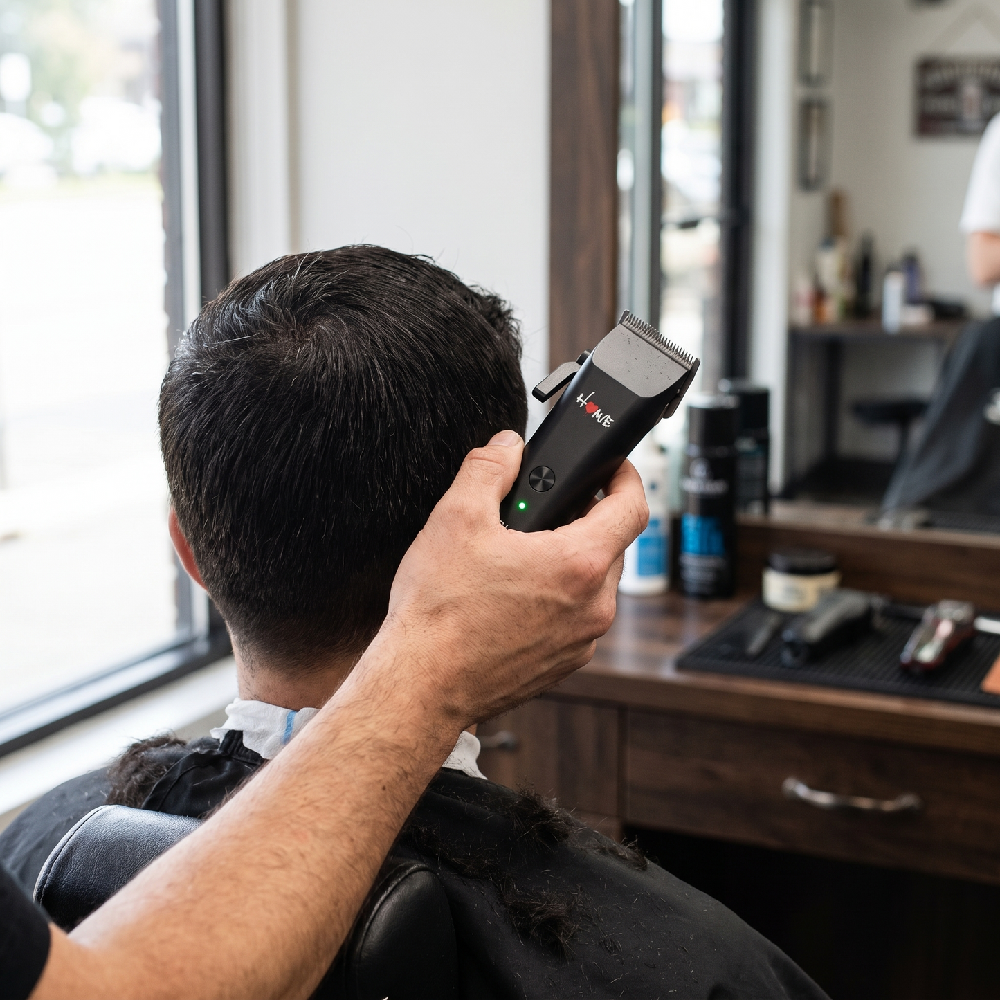 Barber using StyleCraft Homie Nano Clipper #SC628B to blend a taper haircut