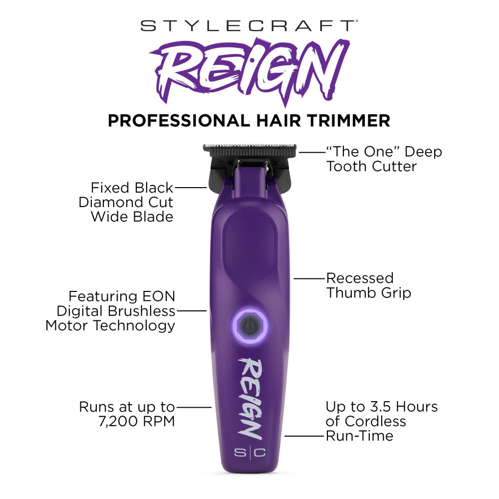 StyleCraft Reign SC422P purple trimmer feature infographic