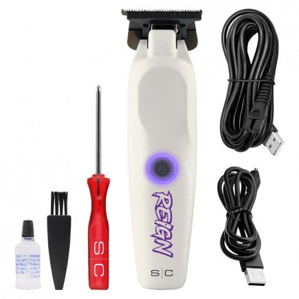 StyleCraft Reign SC422W white trimmer with USB cables and maintenance accessories