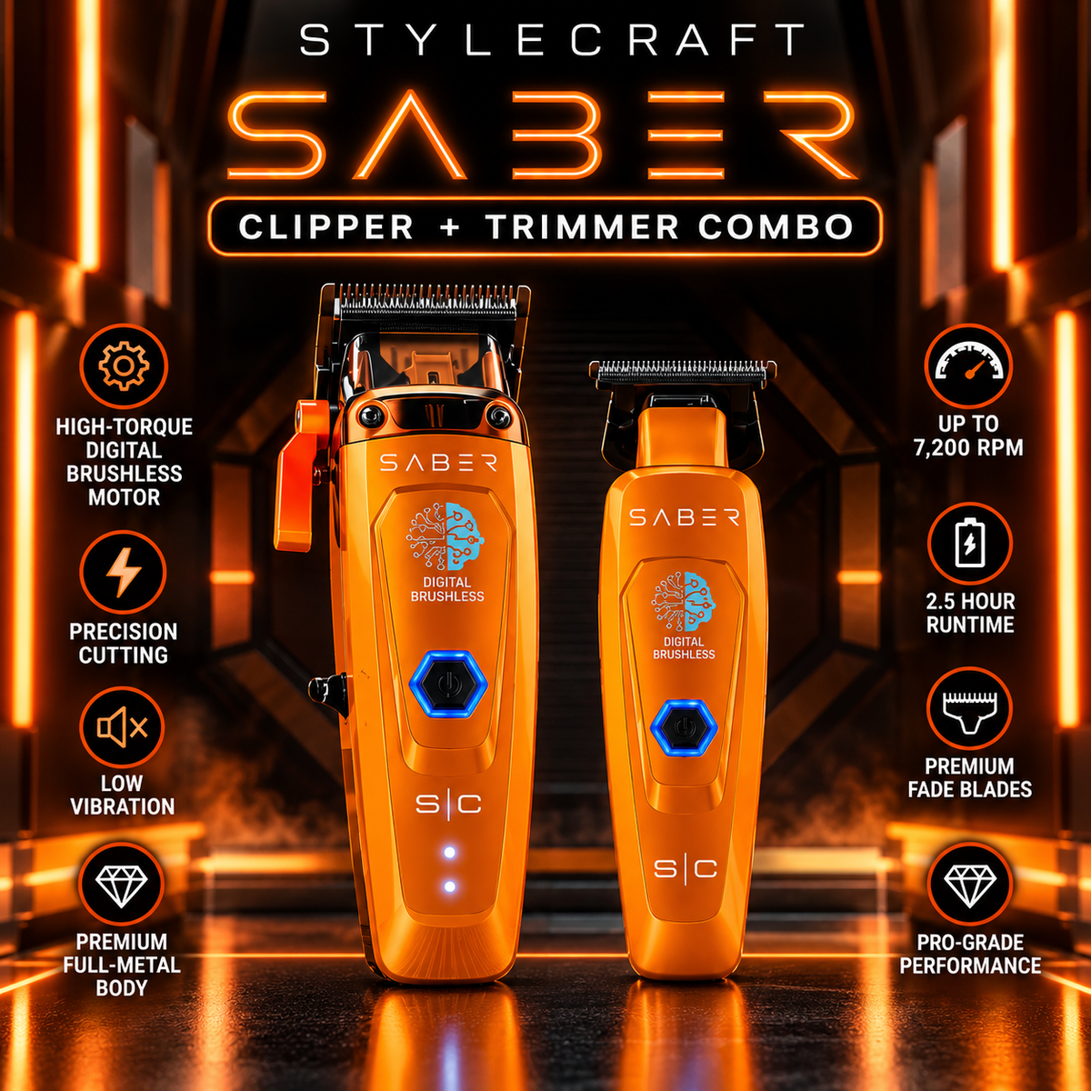 StyleCraft Saber 2 Orange clipper and Saber Orange trimmer combo hero image