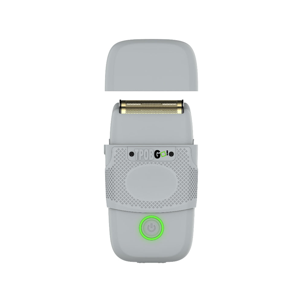 TPOB GO Shaver PlayStation Grey front view with cover raised and gold double foil visible