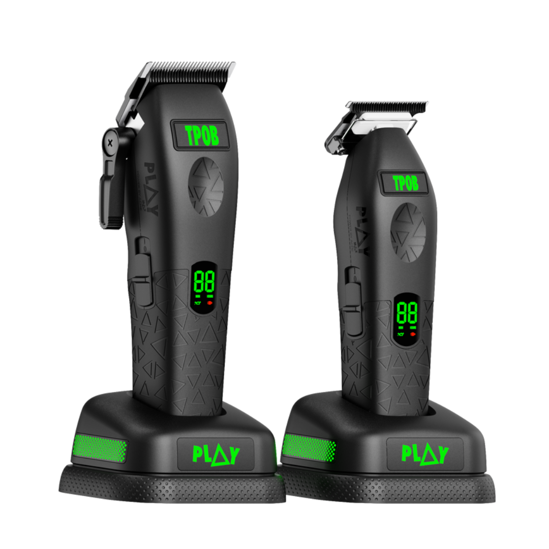 TPOB PLAY MAX TP1068 Blackout clipper and trimmer together on charging stands