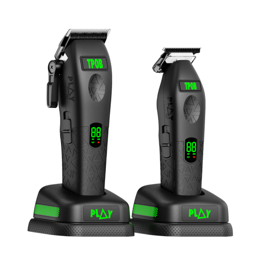 TPOB PLAY MAX TP1068 Blackout clipper and trimmer together on charging stands