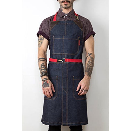 Blue Denim & Brown Leather Barber Apron – Premium No-Tie Adjustable Split-Leg Apron with Genuine Leather Patches, Brass Hardware & 10oz Twill Fabric