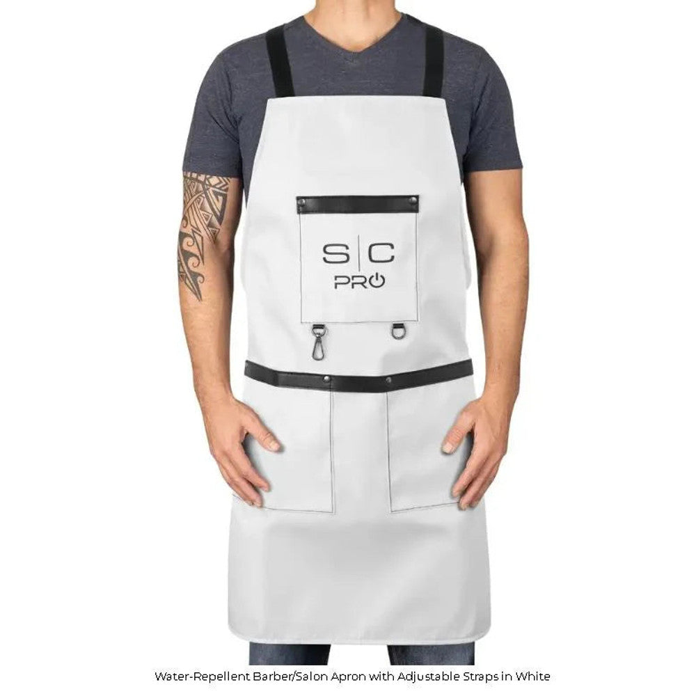 StyleCraft Pro Barber Apron – White #SC339W | Water-Resistant Heavyweight Fabric with Adjustable Straps & Pockets