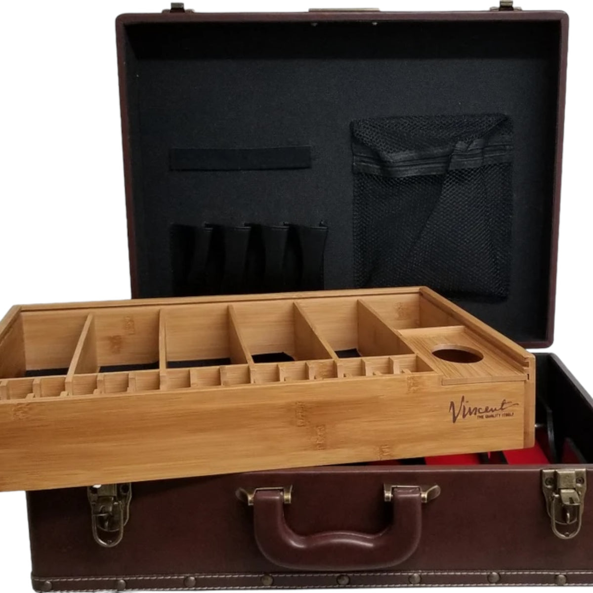 Vincent VT10150 American flag barber case open with removable bamboo organizer