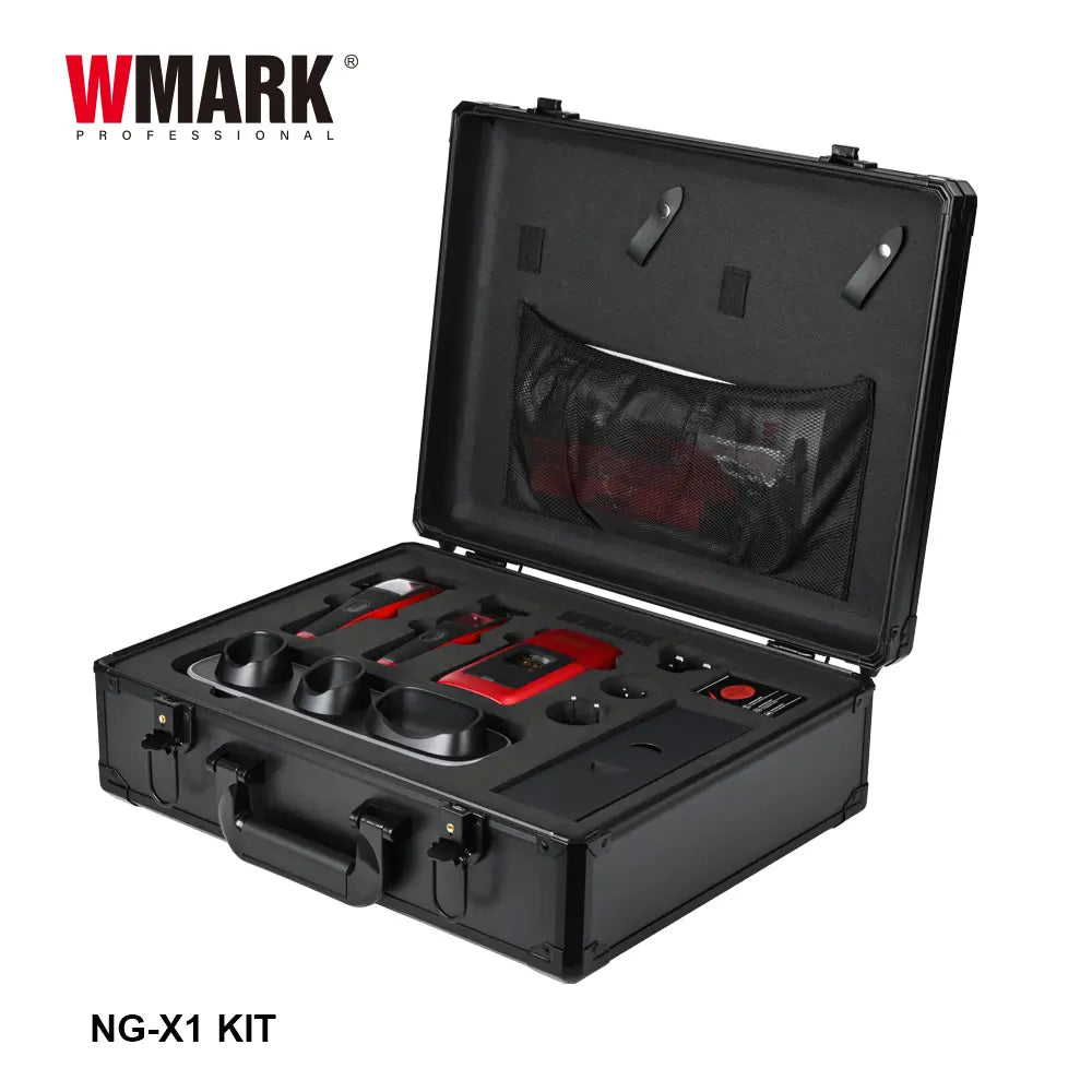 WMARK NG-X1KIT barber kit packed inside the open black professional tool case