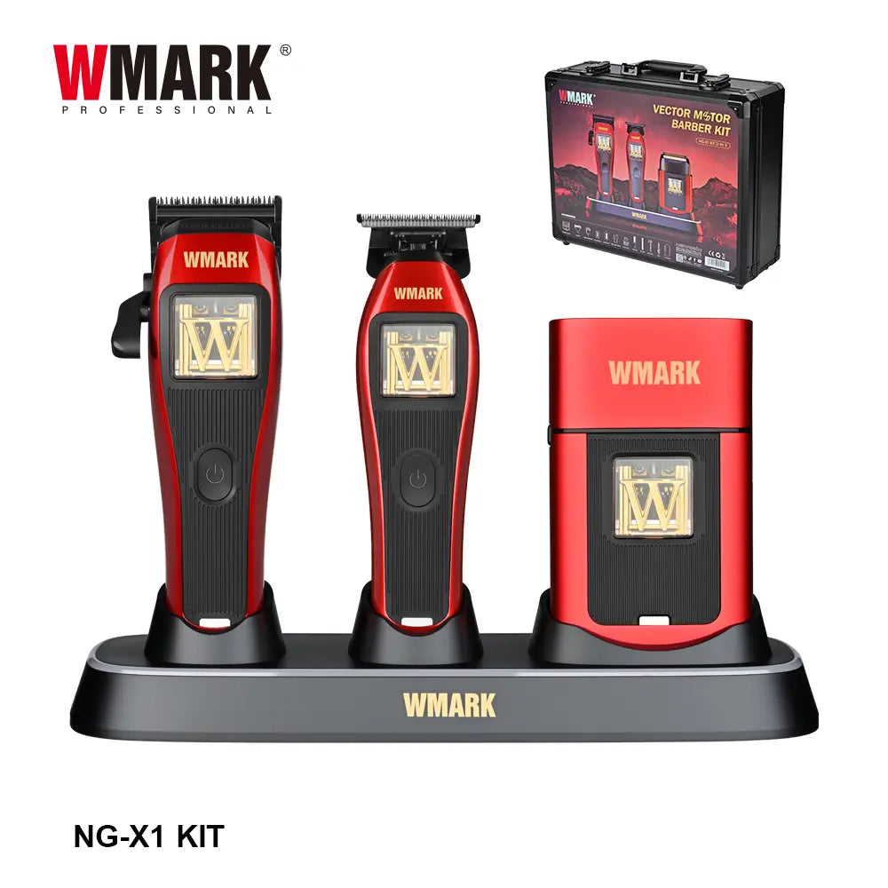WMARK NG-X1KIT red 3-piece vector motor barber kit with clipper, trimmer, UV foil shaver and charging base