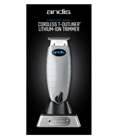 Andis Cordless T-Outliner Li 74055 trimmer on charging stand graphic