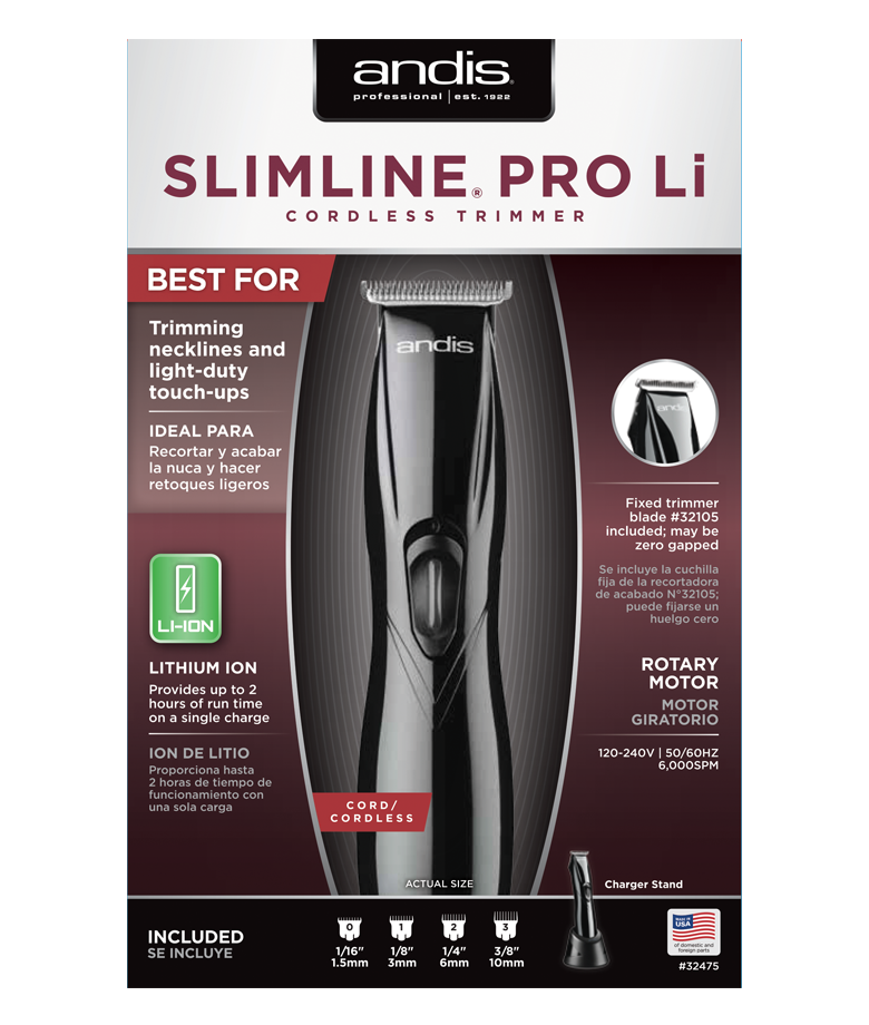 Andis Slimline Pro Li #32475 retail feature card and included guide sizes