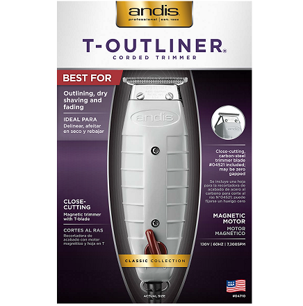 Andis T-Outliner 04780 feature packaging showing corded trimmer specifications
