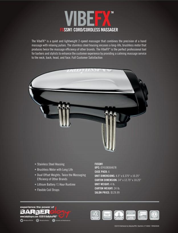 BaBylissPRO VibeFX FXSSM1 silver massager side view with specifications