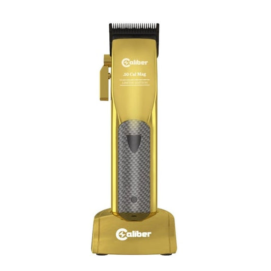 Caliber .50 Cal Mag Limited Edition gold clipper on charging stand front view