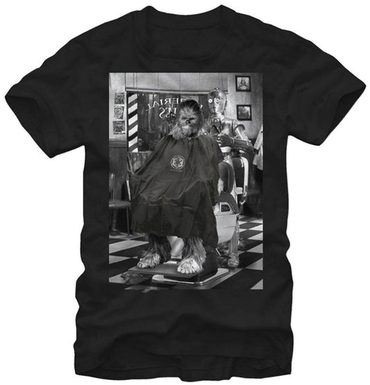 Chewbacca and C-3PO barber shop graphic T-shirt front view in black