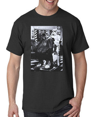 Stormtrooper and Chewbacca barber graphic T-shirt in black on model