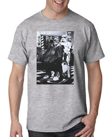 Stormtrooper and Chewbacca barber graphic T-shirt in gray on model