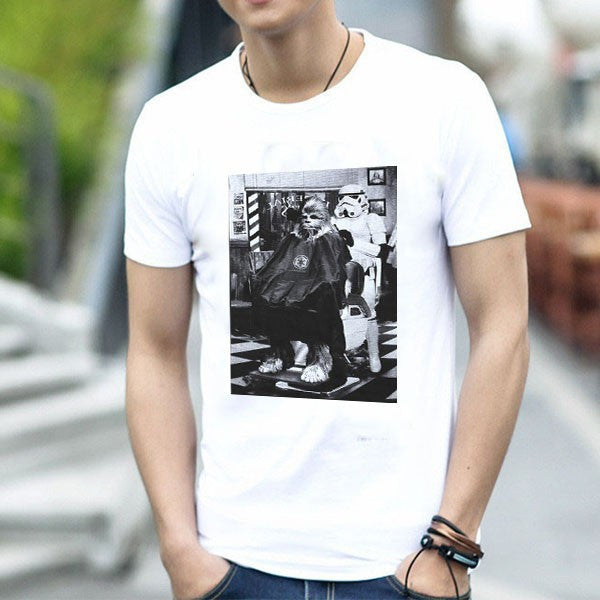 Stormtrooper and Chewbacca barber graphic T-shirt in white on model