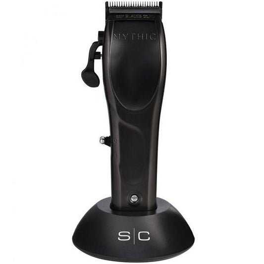 StyleCraft Mythic SCMMCB black clipper upright on charging stand