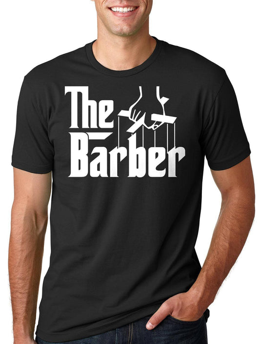 The Barber black graphic T-shirt front view on adult model