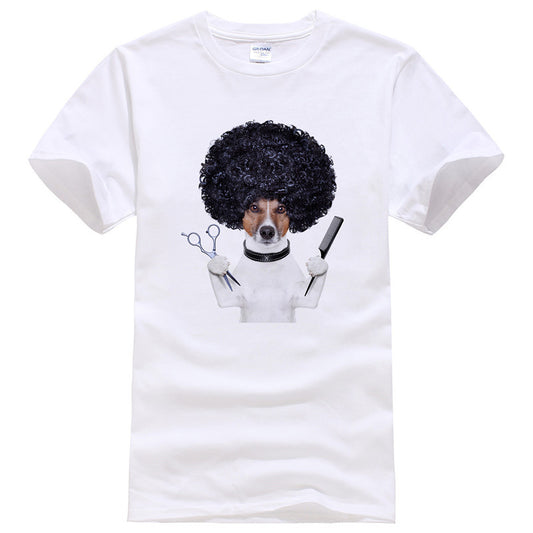 Top Dog barber graphic T-shirt in white with afro dog, shears, and comb